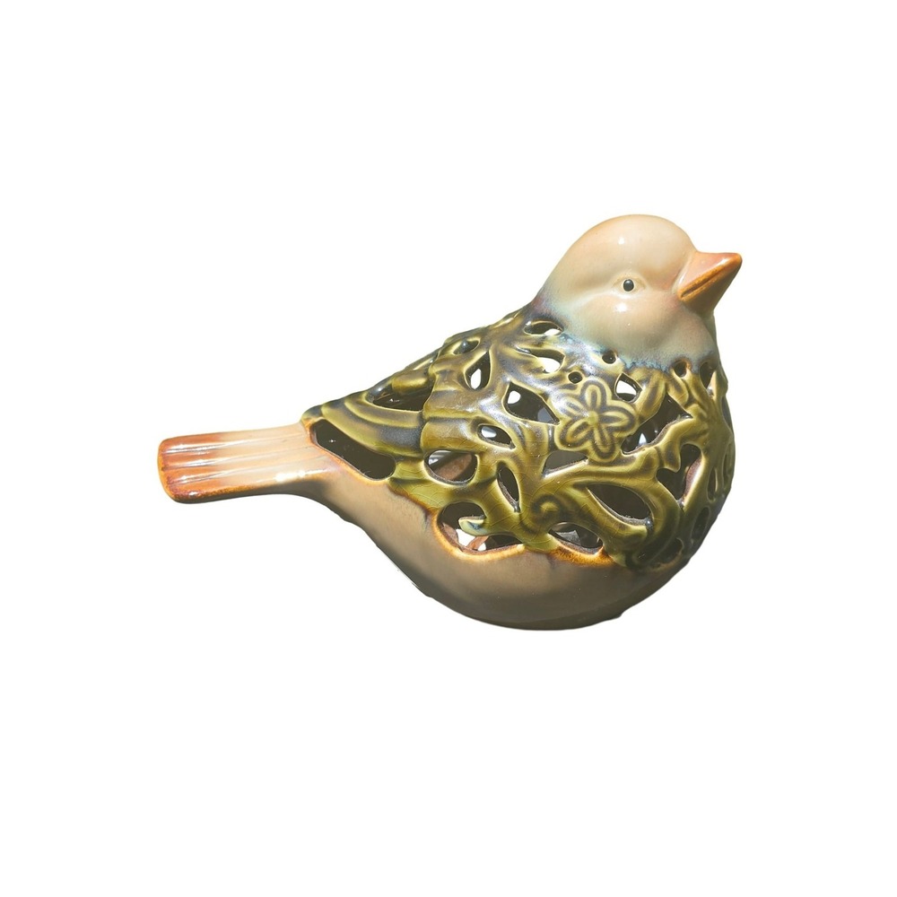 Ceramic Bird Tealight Candle Holder Cutout Glazed Figurine Lantern
